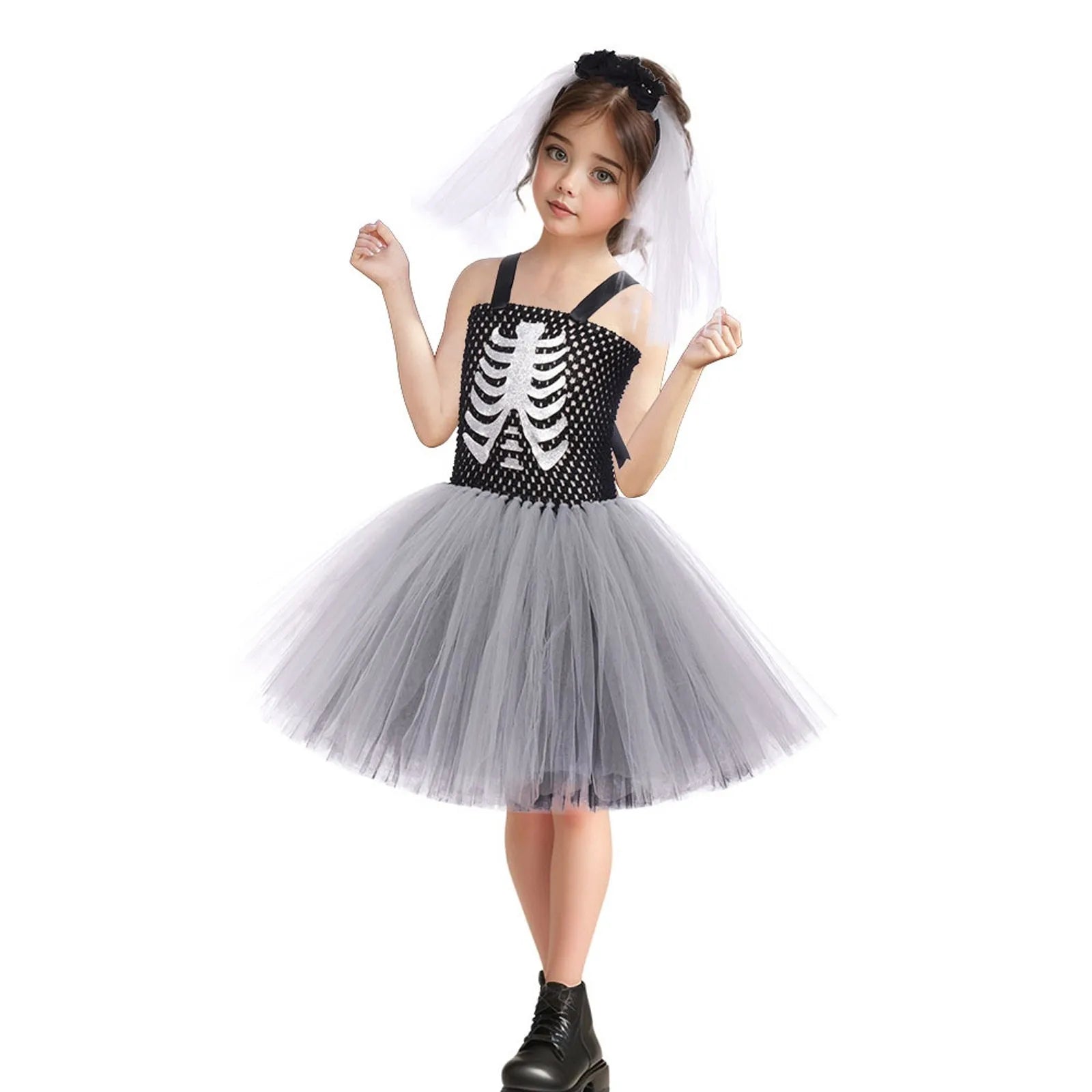 Halloween Terror Costumes For Girls Black White Ghost Scary Outfits Halloween Skeleton Fancy Tutu Dress For Kids