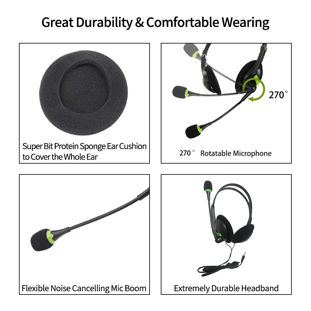 3.5mm Wired Headphones With Microphone Noise Cancelling Headset Business Call Center HiFi Earphone Helmet For Laptop PC Computer