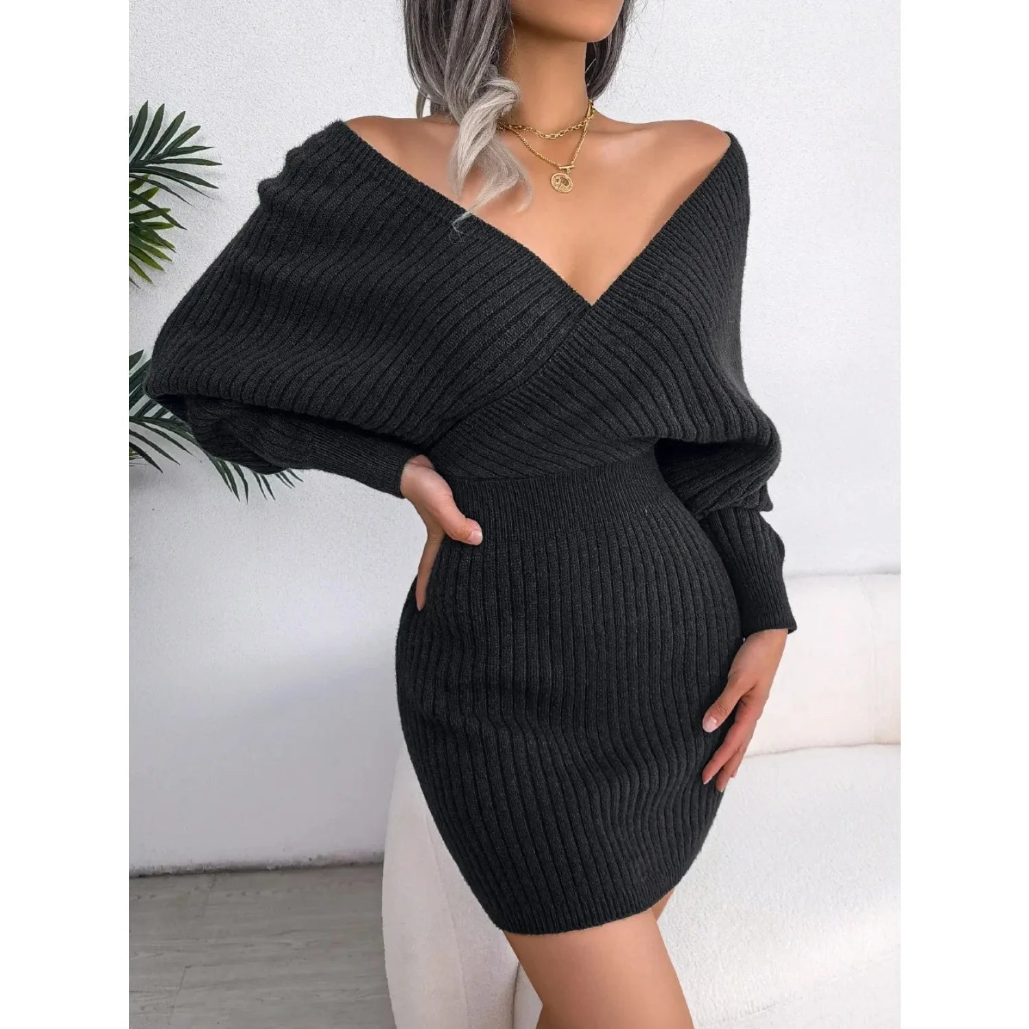 Autumn Winter Casual Sexy Cross V Neck Batswing Sleeve Dress for Women Solid Color Wrap Hip Woolen Dress