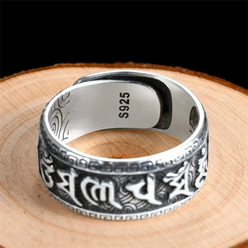 925 Silver Ring Male Finger Accessories Personality Retro Buddhist Scripture Mantra Om Mani Padme Hum Ring For Men Adjustable