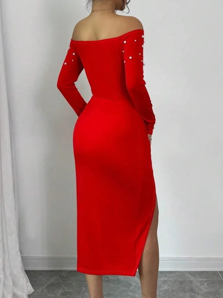 Autumn Winter Women Sexy Party  Split Midi Dress Fashion Off Shoulder Beaded Ruched High Waist Skinny Irregular Women's Dress