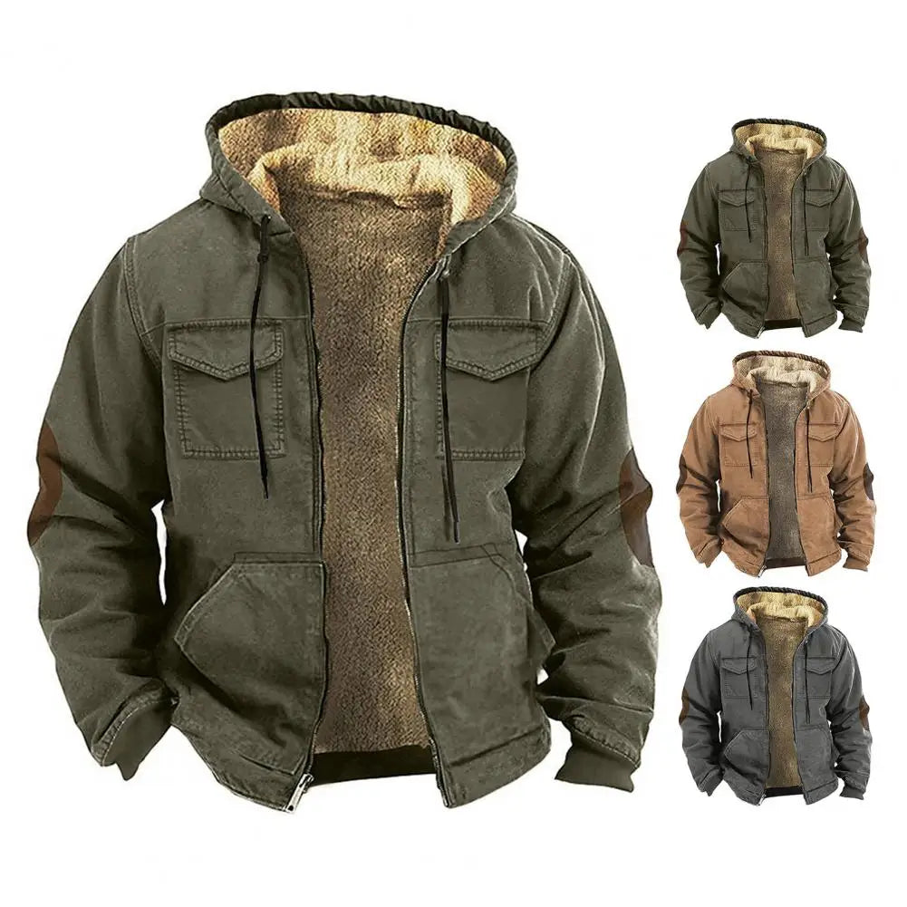 Men Thermal Jacket Hooded Drawstring Long Sleeve Solid Color Jacket With Pockets Zipper Closure Plush Lining Sporty Coat