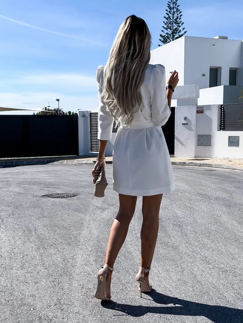 Women's Fashionable Elegant Casual Fit  Comfortable Long Sleeved Printed Collar Suit Jacket Dress with Belt