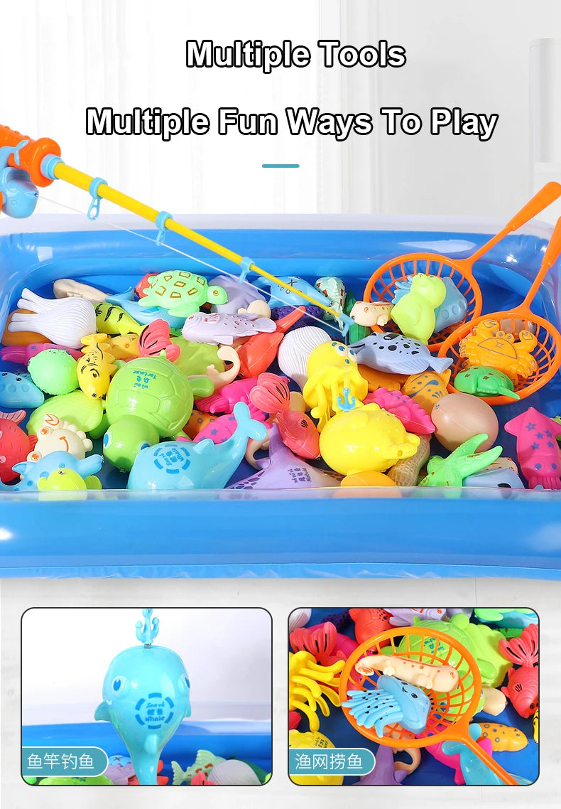 Kids Fishing Toy Set Play Water Toys for Baby Magnetic Rod and Fish with Inflatable Pool Outdoor Sport Puzzle Toys for Children