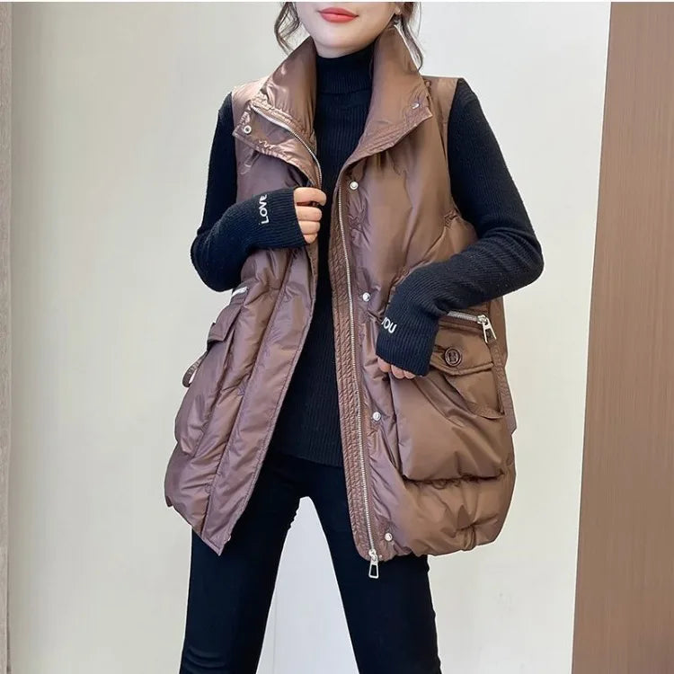 Winter Jackets Vests for Women 2024 Chalecos Para Mujer Plus Size Fashion Casual Korean Style Padded Parkas Pockets Long Coats