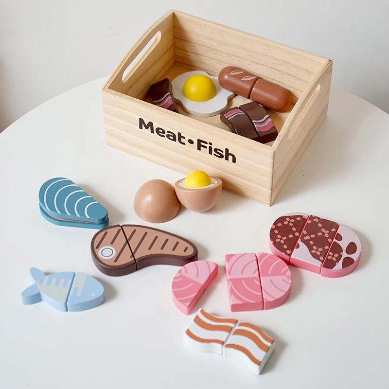 Wooden Pretend Play Kitchen Toys Cutting Food Accessories Set Fruit Vegetable Bakery Meat fish Early Educational Cognition Toys