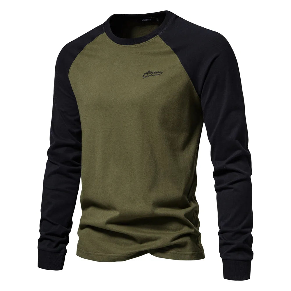 Men's T-shirts 100% Cotton Long Sleeve O-neck Pactwork Casual T shirts for Men New Spring Autumn Designer Tees Men Clothing