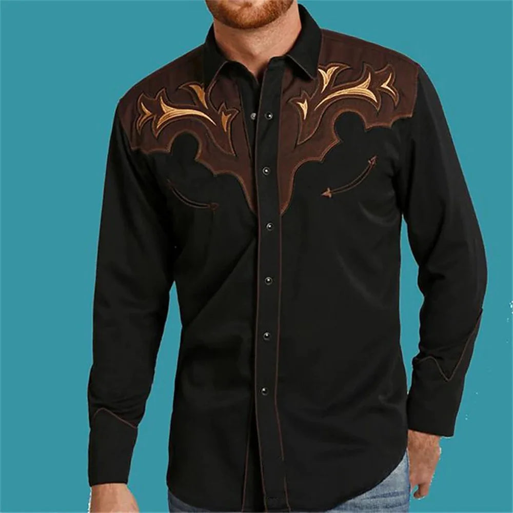 Men's Western Printing Shirt Retro Black Outdoor Street button long -sleeved fashion street clothing designer casual 2023