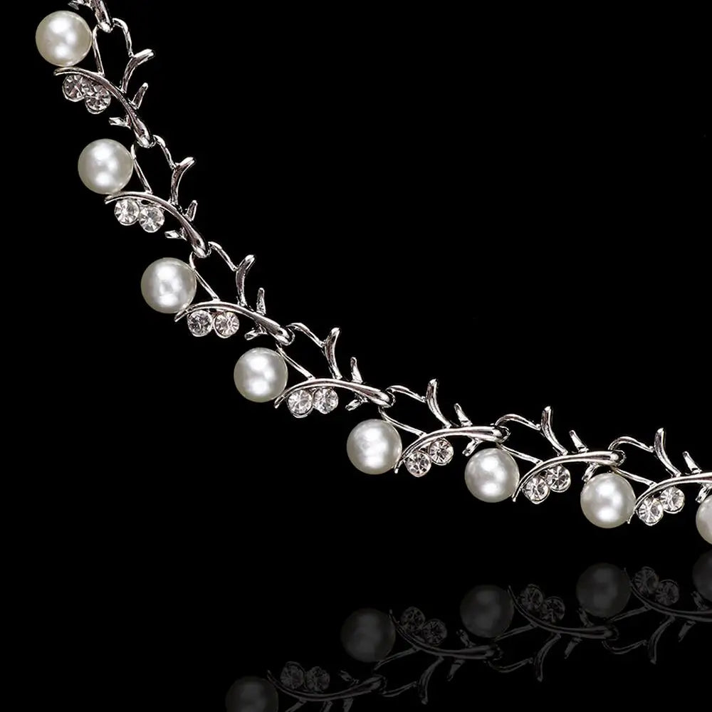 Day Gift Bridal Leaf Clavicle Chain Rhinestone Collar Choker Crystal Necklace Earrings Bracelet Set Wedding Jewelry Pearl