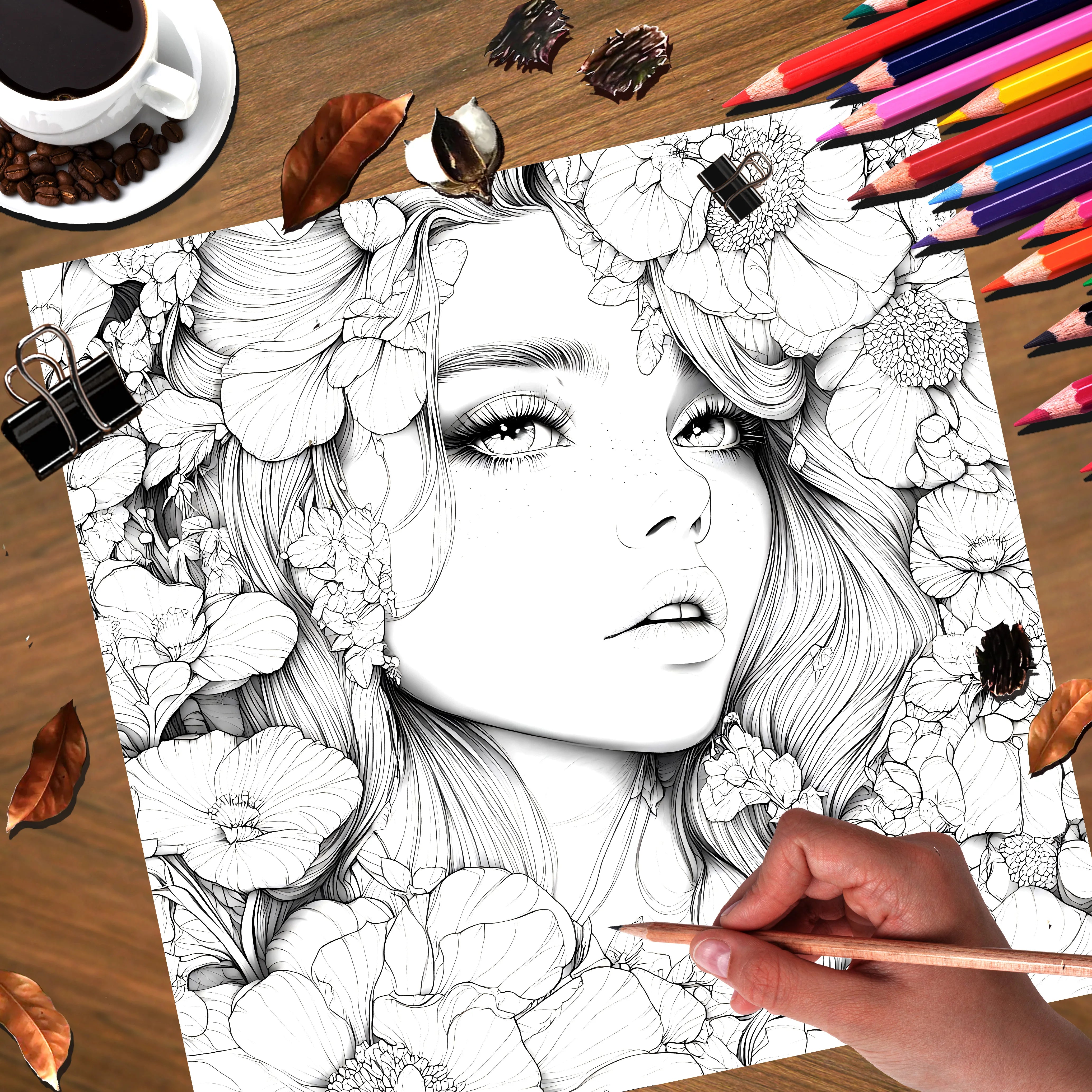Adult Picture Book: Beautiful Women in Bloom for Makeup Practice with Detailed Portraits and Coloring Pencil Techniques