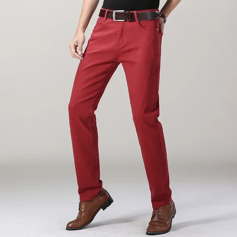 Men's Jeans Pure White Fashion Elastic Slim Youth Slimming Straight Leg Male Pants Business Casual Middle Age High End Trousers