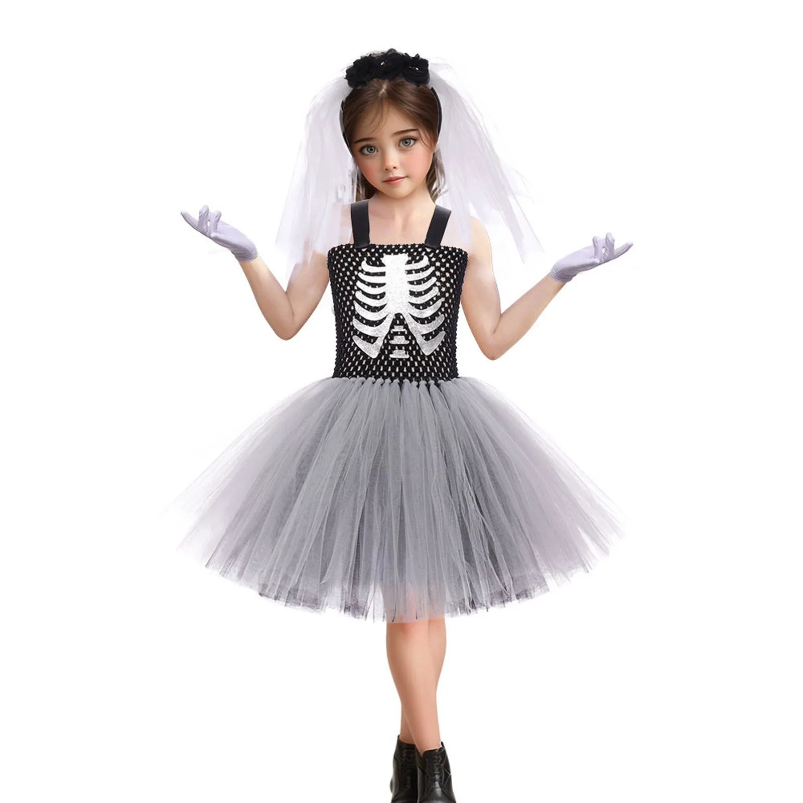 Halloween Terror Costumes For Girls Black White Ghost Scary Outfits Halloween Skeleton Fancy Tutu Dress For Kids