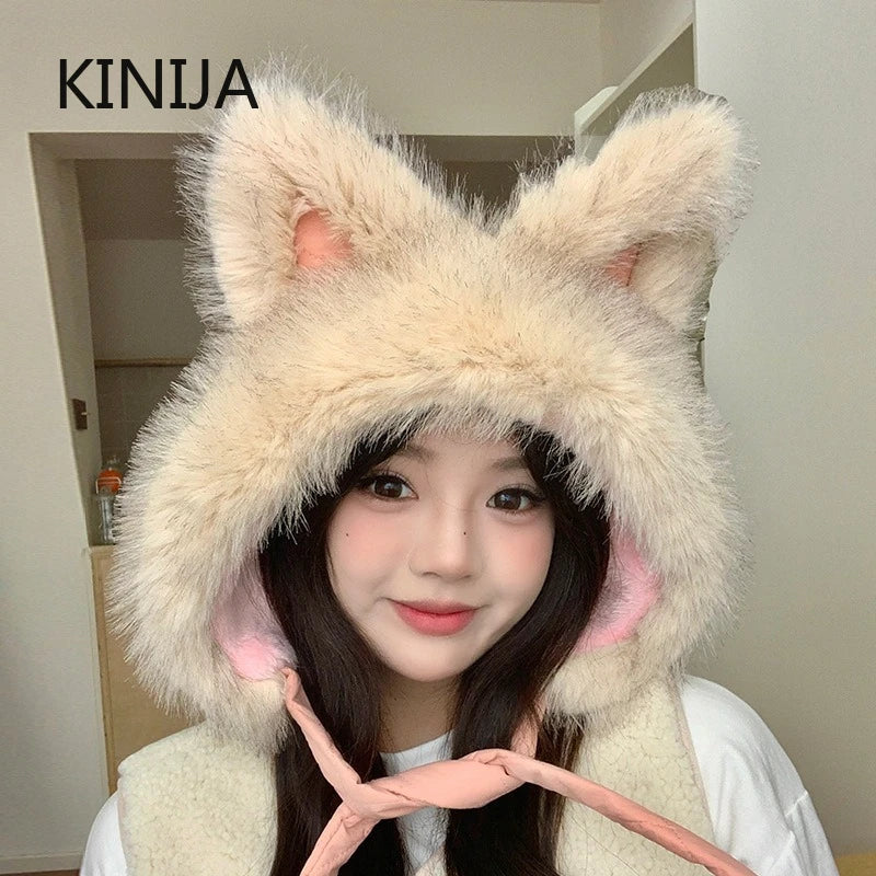Winter Hat Thicken Ski Beanie Hat for Women Balaclava Spicy Girl Style Cat Girlfriend Hat Outdoor  Warm Protection Accessories