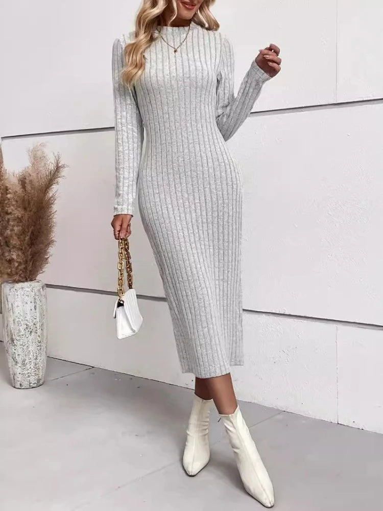 2025 Winter Women O-neck Long Sleeve Knitted Long Dress Autumn Elegant Casual Solid Color Dresses Slim Fit Sexy Clothing