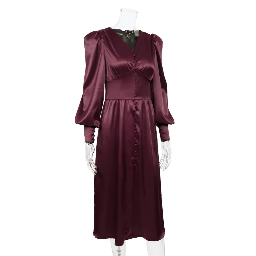 Autumn and Winter Women's Long Dress V-neck Satin Waist Retro Dresses for Women