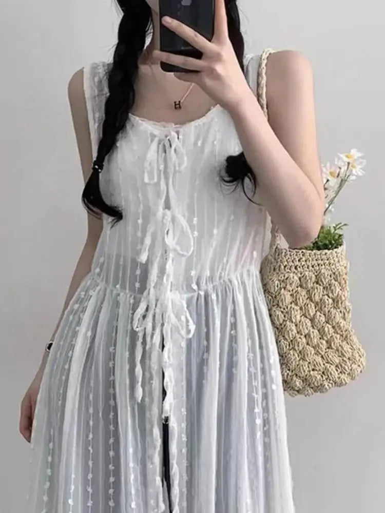 Embroidered Dress for Women in Summer Thin Lace up Layered Vest Long Cover Skirt