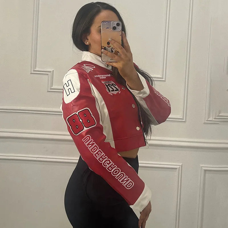 Women Fashion Hipster Pu Leather Jacket Y2K Letter Printed Hipster Motorcycle Jackets Spring Autumn Single-Breasted Casual Coat