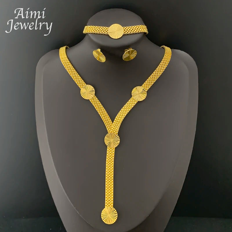 Dubai Jewelry Set for Women Chunky Long Chain Necklace Earrings Bracelet Gold Plated Fashion Jewellery for Party Wedding Gifts