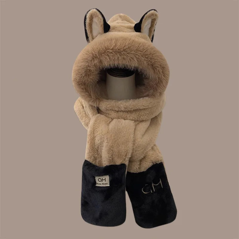 Winter Ears Warm Furry Skiing Scarf Gloves One-piece Hat Children