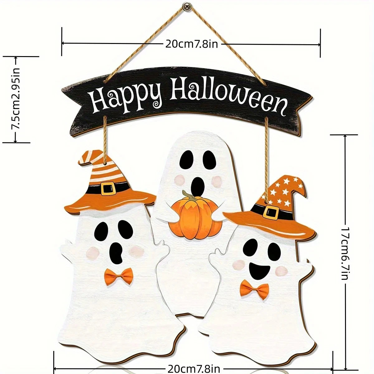 Halloween Wooden Hanging Sign | Multi-Color Festive Decor with Ghosts in Costumes & Pumpkin Design | Bohemian Style Wall Art