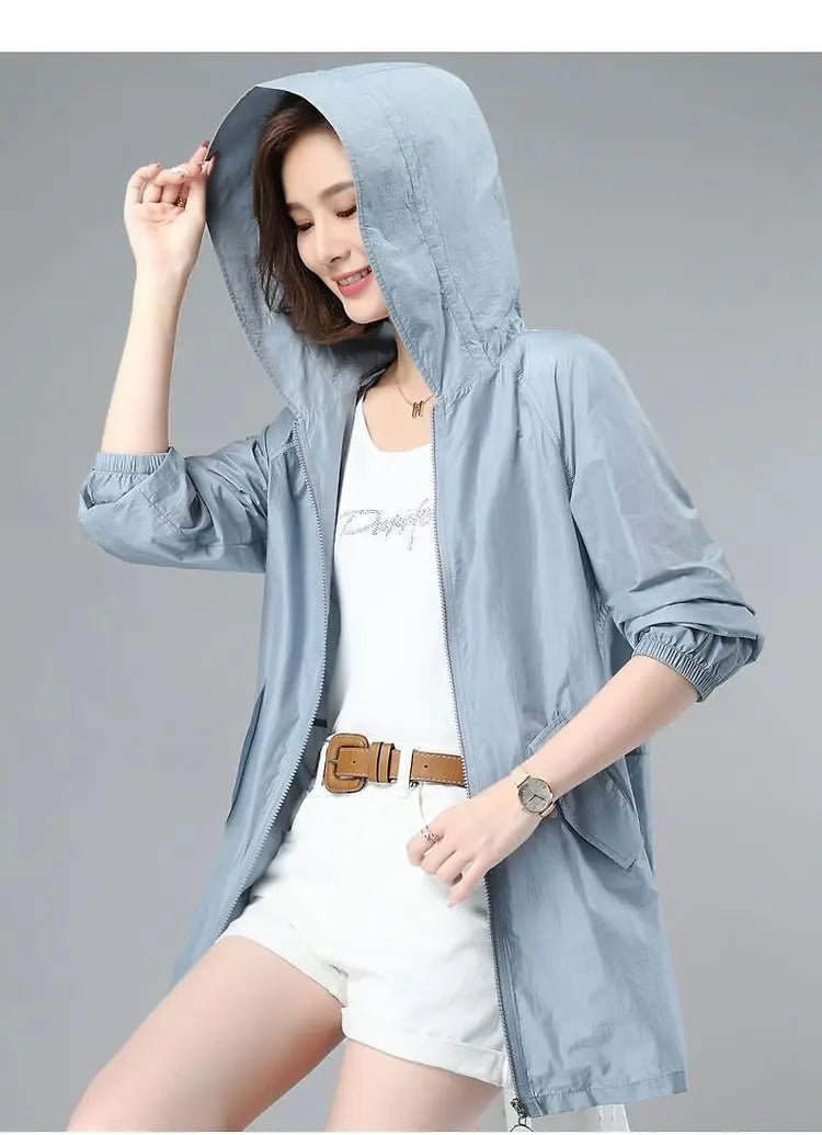 Women Thin Jacket New Sun UV-proof Hooded Coat Outdoor Long Sleeve Female 2023 Summer Windbreaker Casual Outerwear Top