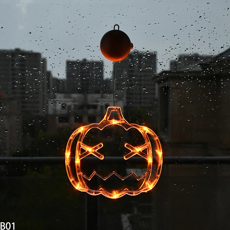 Halloween Orange Window Light Orange Pumpkin Ghost Witch Hat Design LED Sucker Lamp Bar Home Party Hanging Decor Without Battery