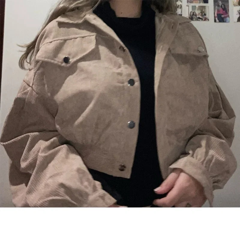 New Autumn Winter Jackets for Women Lantern Sleeve Tops Cropped Bomber Jacket Overcoat Outwear clothes Corduroy Coat 18047