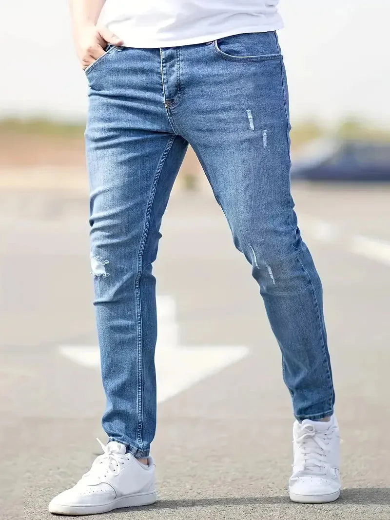 Men's Jeans Stretch Slim Fit Trousers Streetwear Classical Casual Pants Skinny Zipper Denim Designer Clothes Black Blue