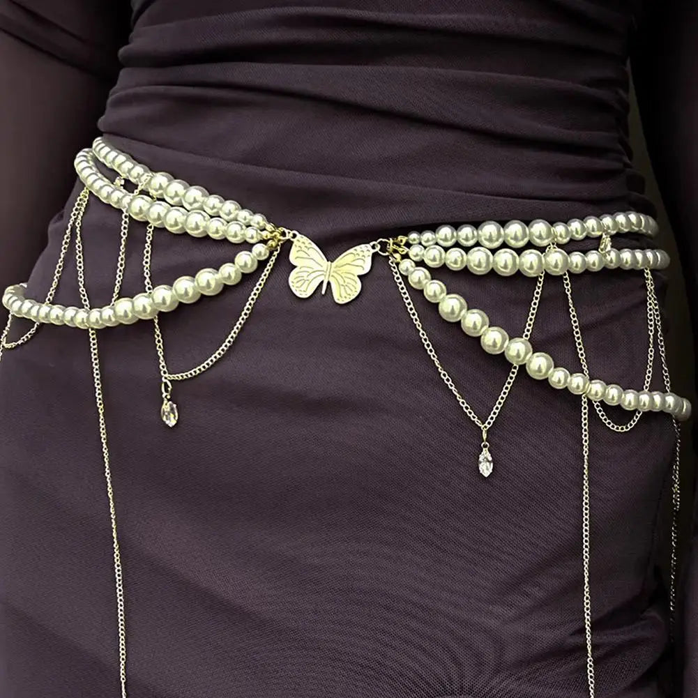Fashion Y2K Retro Multilayer Pearl Waist Chain Belt For Women - Stylish Body Jewelry Accessories For Party & Casual Wear