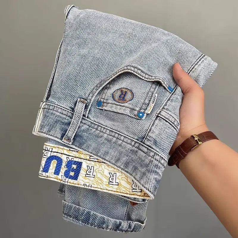 Light Blue Embroidered Jeans Men's Summer Slim Fit Nine-Piece Waed Casual Pants Breathable Straight Leg Jeans Youth Trend