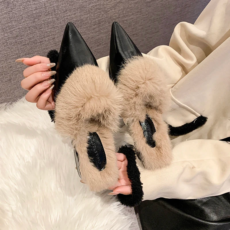 2025 New Shoes for Women House Slippers Platform Fur Flip Flops Slides Loafers Cover Toe Low Plush New Flat Basic Женская Обувь