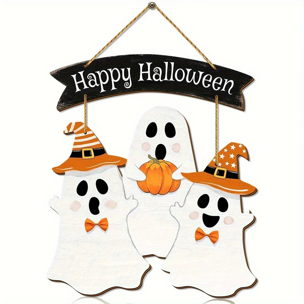 Halloween Wooden Hanging Sign | Multi-Color Festive Decor with Ghosts in Costumes & Pumpkin Design | Bohemian Style Wall Art