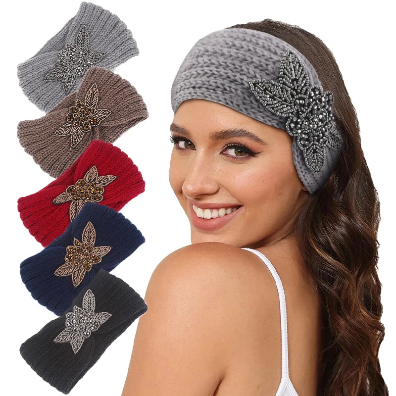 New Women Winter Warmer Ear Knitted Headband Turban Wide Crochet Bow Stretch Rhinestone Hairband Headwrap Hair Accessories