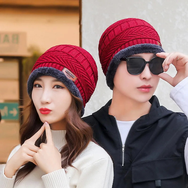 Winter Hat For Men Fleece Scarf Women Neck Leather Knitted Cap Thick Wool Neck Warmer Balaclava Ski Mask Skullies Beanies