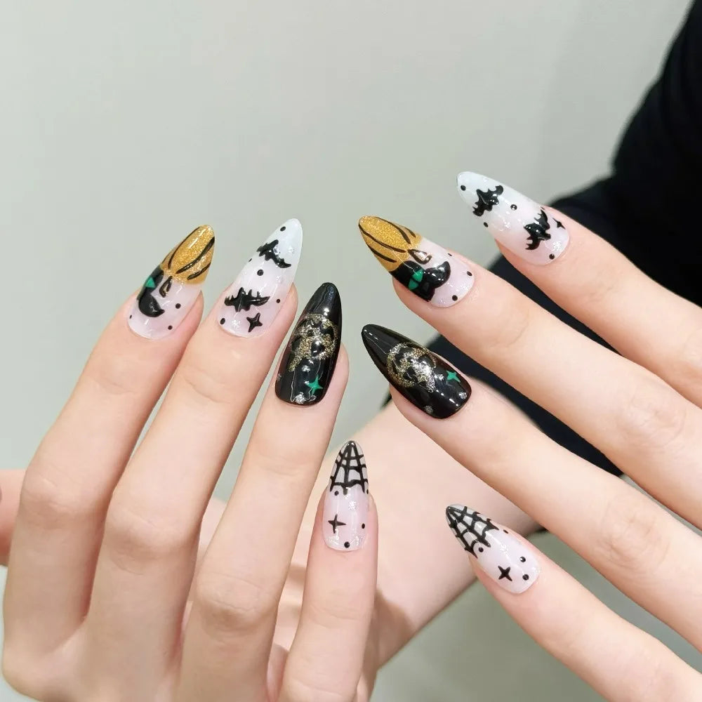 “Halloween Collection” Cross-Border Export Funny Pumpkin Halloween Atmosphere Handmade Nail Stickers, Press-On False Nails 10pcs