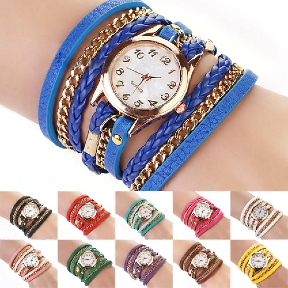 Quartz Wristwatch for Women Vintage Multilayer Faux Leather Alloy Braided Bracelet Wrist Watch Jewelry
