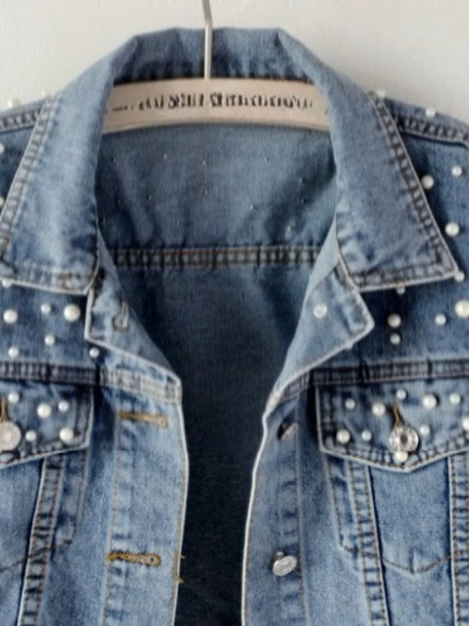 Cowboy Jacket Women's Denim Jacket Spring  Autumn New in Commuting Style Bead Fashion Casual Loose Regular Short Jacket