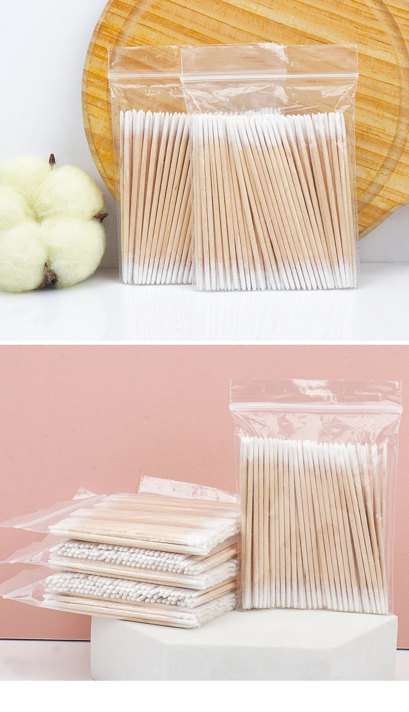 Disposable Ultra-small Double-end Wood Cotton  Swab 100pcs Lint Free Micro Brushes Eyelash Extension Glue Removing Tools