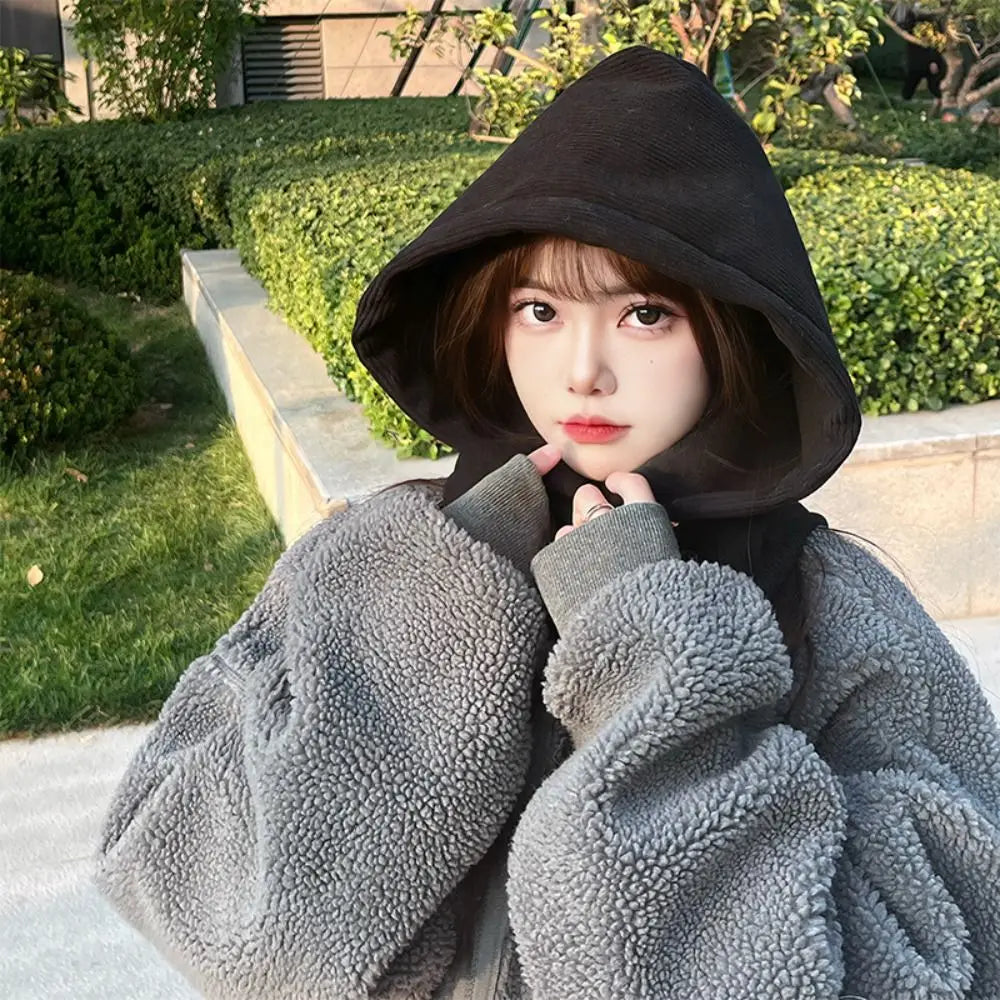 Winter Balaclava Hats For Men&Women Corduroy Hooded Caps Outdoor Warmer Drawstring Hats One-Piece Neck Collar Beanies Cap