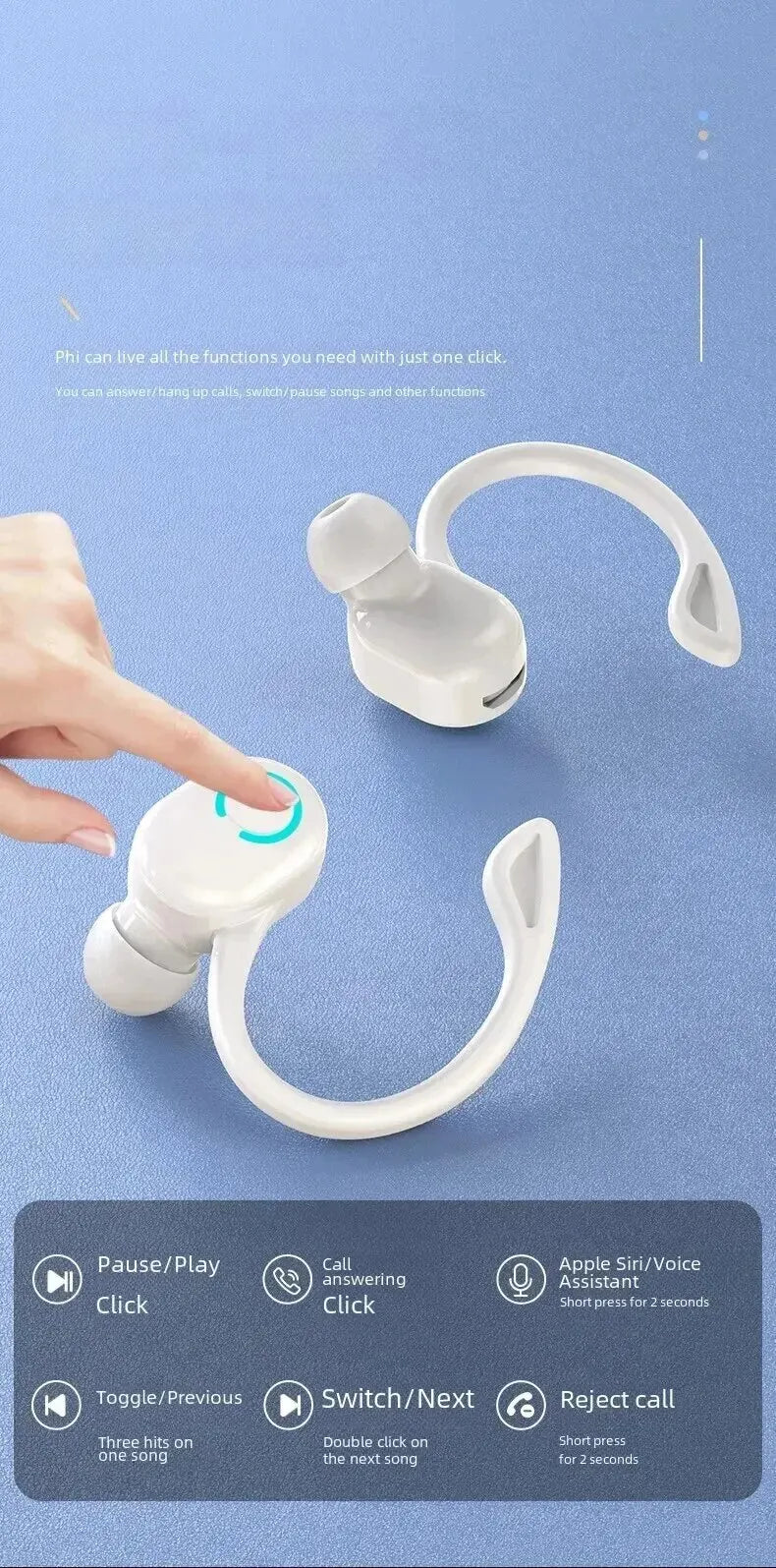 Bluetooth 5.2 Ear Hook Earphones Wireless Headphone Mini Handsfree Waterproof Sport Music Headset Single Right Earbuds with Mic