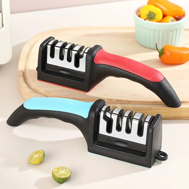 Kitchen 3-Segment Knife Sharpener Household Multi-Functional Hand-Held Three-Purpose Black Sharpening Stone.