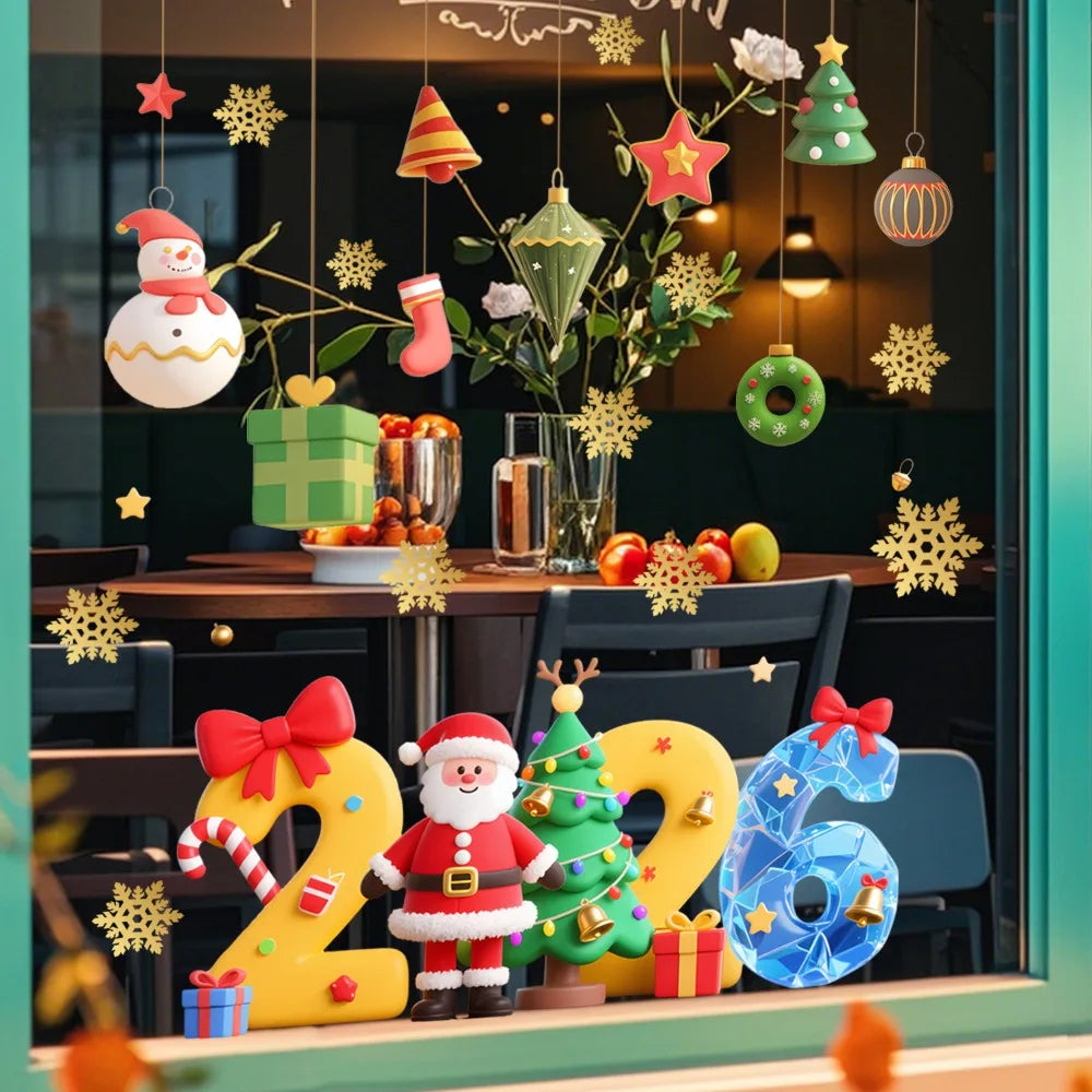 Christmas Glass Stickers Wooden House Pine Nut Sticker Glass Wall Decor Merry Christmas 2025 Stickers Happy New Year 2026