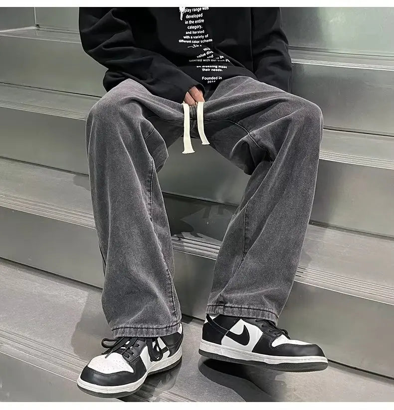 Black and Gray Jeans Men's Summer Loose Straight Trousers Trendy Brand High Street Vibe Pants Men