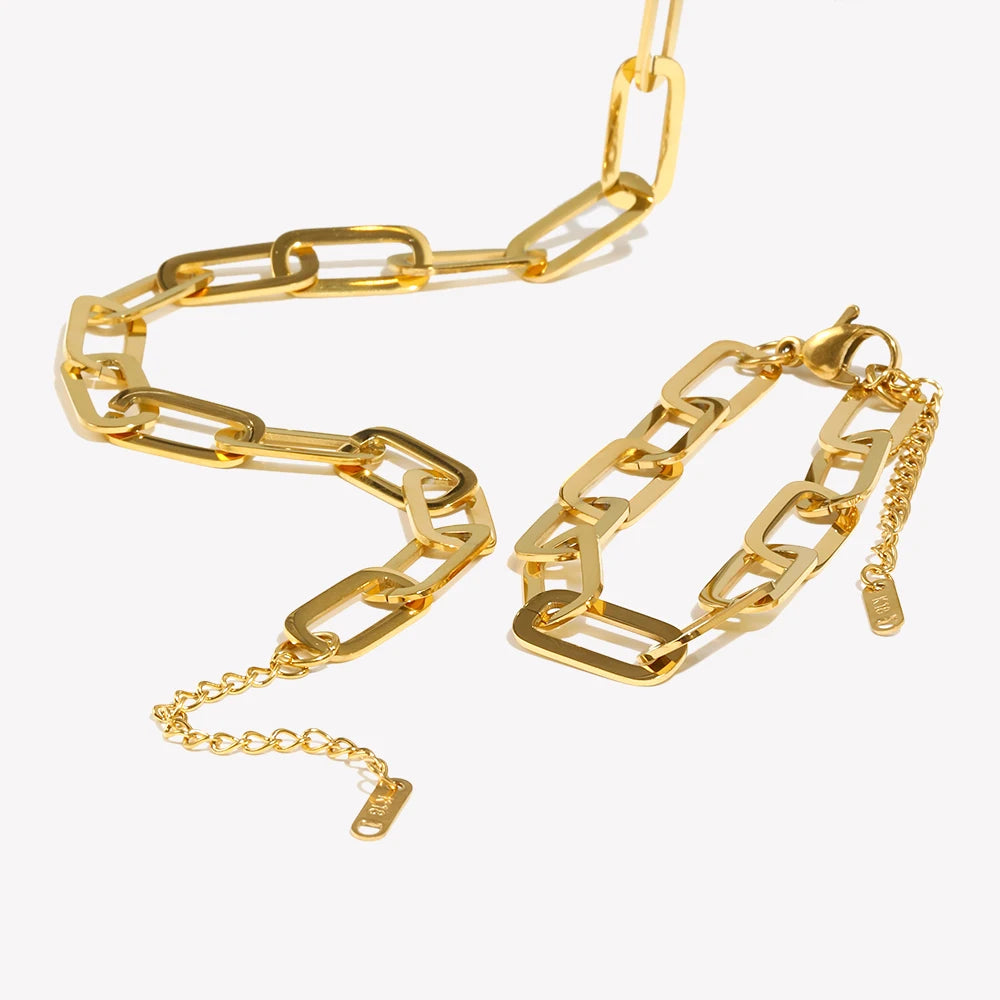 E.B.belle Chunky Paper Clip Chain Necklace Bracelet Jewerly Set Ladies New 18K Gold Plated Stainless Steel Chain Necklace