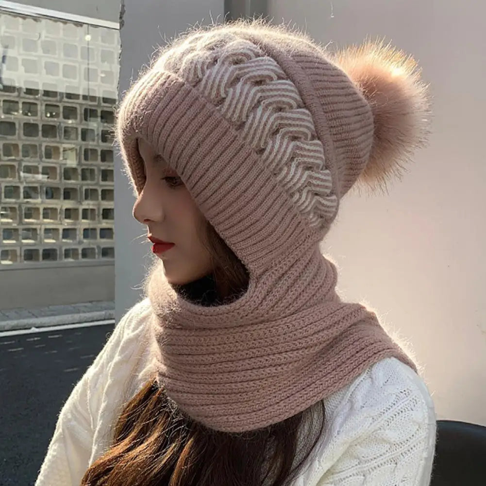 Winter Hat Scarf Set Women's Integrated Snow Cap with Fleece Lining Thickened Wool Knitted Beanie with Ear Protection Accessory