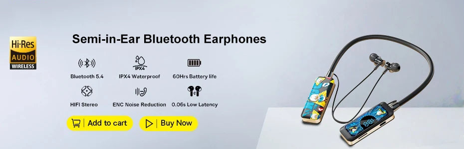 Bluetooth 5.4 Earphones with HD Screen Wireless Headsets Neckband Headphones HiFi Stereo Noise Reduction Earbuds for Live