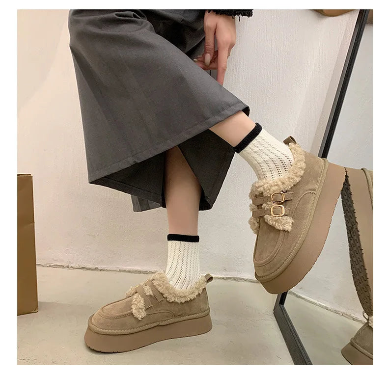 Low Heels Shoes Woman Flats Round Toe Loafers Fur Clogs Platform Autumn Slip-on Dress Creepers Fall Slip On Winter New Rome Rubb
