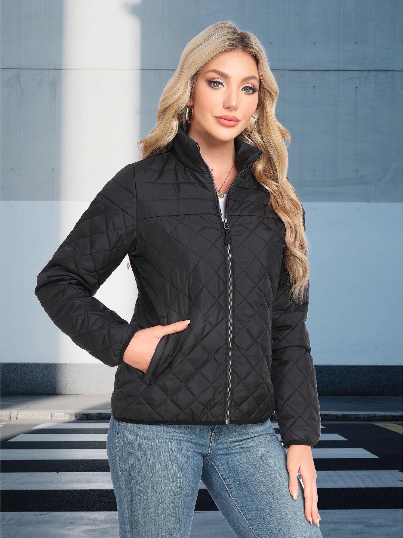 Women's Quilted Jacket With Zipper Simple Fashionable Casual Everyday Wear Coats Tops Black Spring Autumn