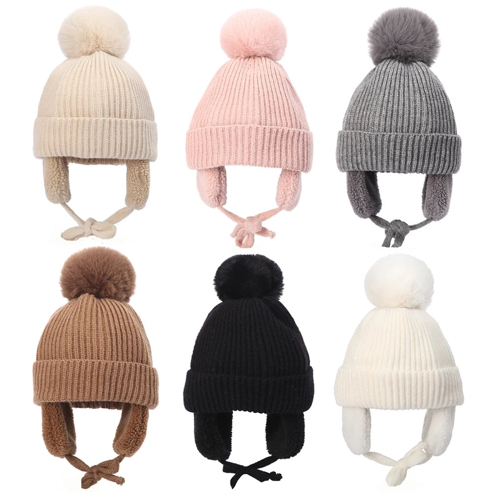 Winter Baby Knitted Hat Skiing Infant Bonnet Plush Lining Kids Beanie Protect Ears Children Cap for Boys Girls Accessories 2-6Y