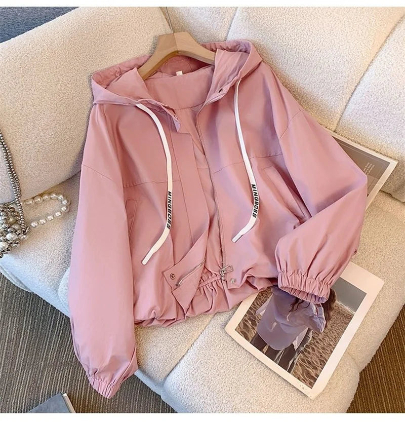 Women's Jacket Fashion Hooded Windbreaker New Spring Autumn Female Casual Short Coat Outwear Pink Green White Female Outerwear